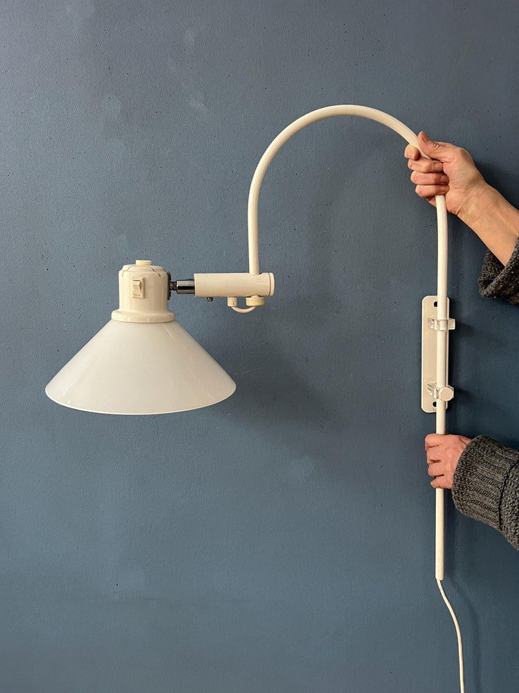 White Mid Century Anvia Arc Wall Lamp with Opaline Glass Shade