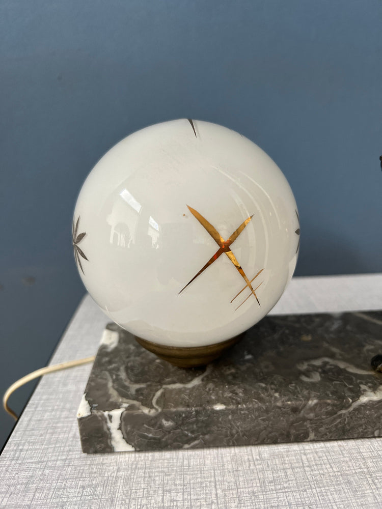 Art Deco Table Lamp with Opaline Glass Moon Shade and Dog Figure