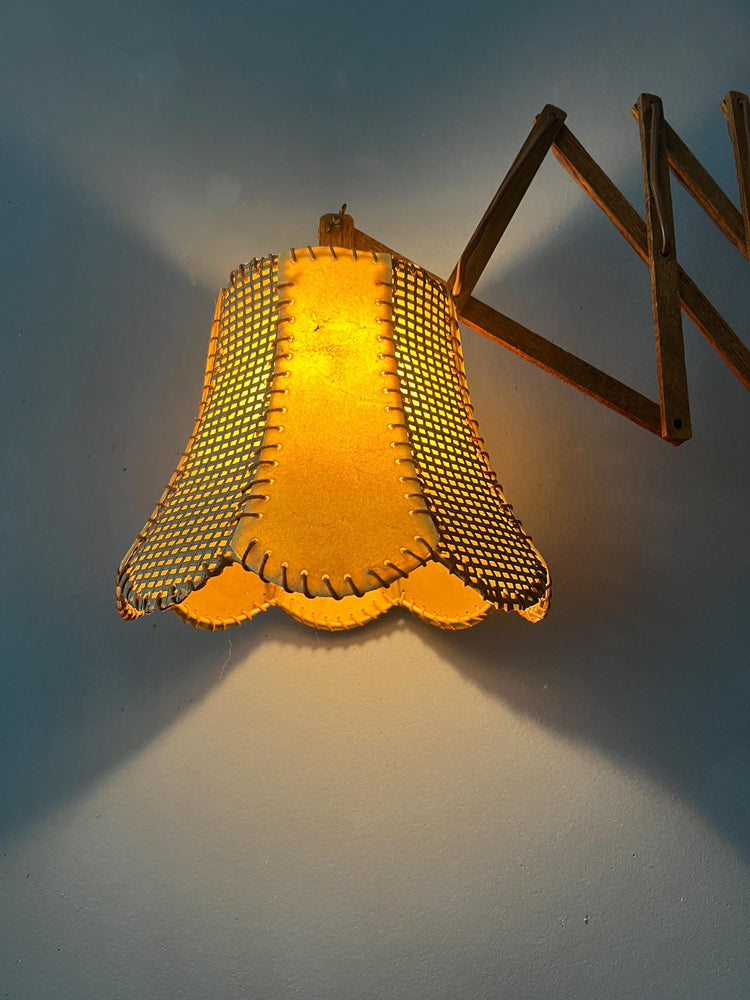 Vintage Teak Wood Scissor Wall Lamp with Traditional Fabric Shade