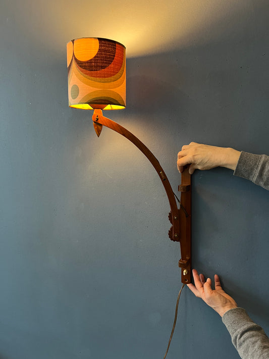 Mid Century Teak Wood Boomrang Wall Lamp with Green Patterned Shade