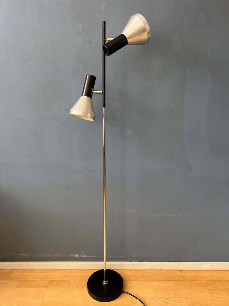 Vintage Black Mid Century Floor Lamp with Two Aluminum Spots