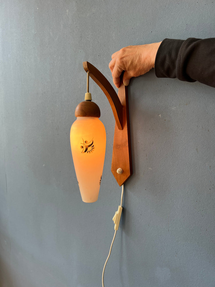 Teak Wood Wall Lamp - Danish Opaline Glass Wall Light - Mid Century Sconce
