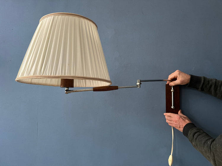 Vintage Teak Wood Mid Century Swing Arm Wall Lamp with Textile Shade