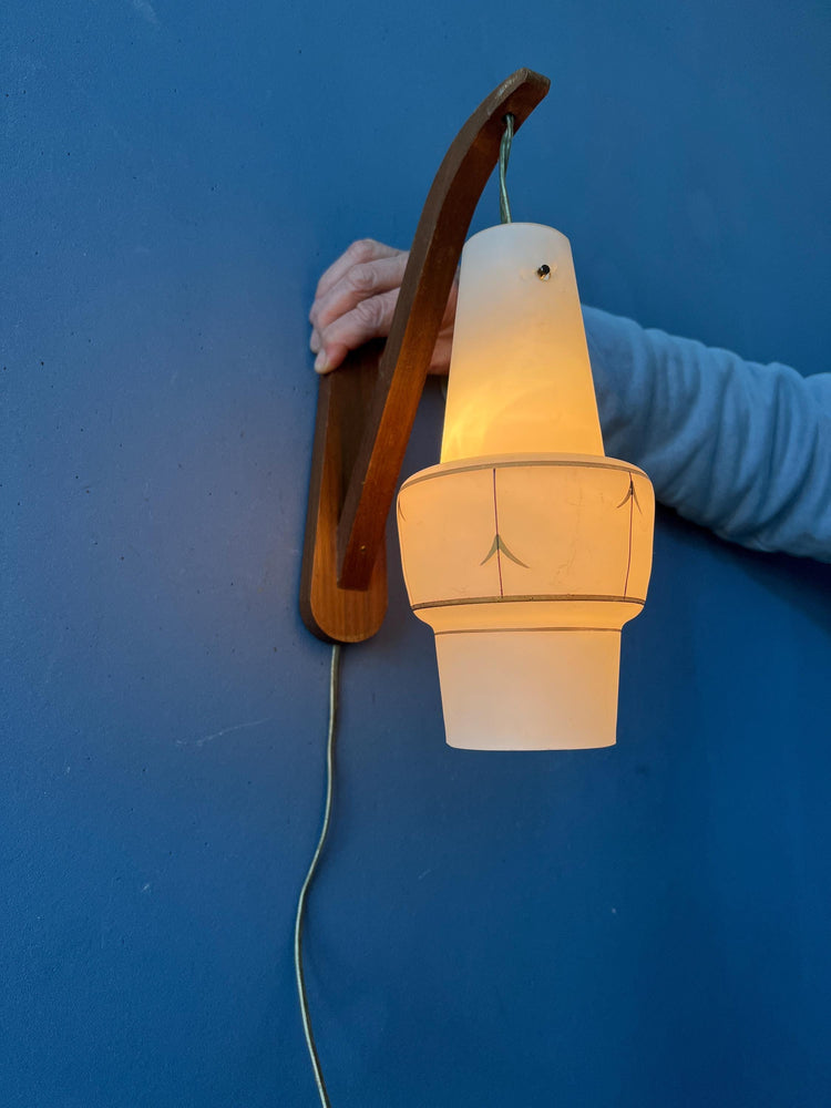 Scandinavian Opaline Glass Teak Wood Rod Wall Lamp