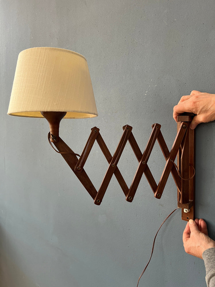 Mid Century Wooden Scissor Wall Lamp with Beige Shade