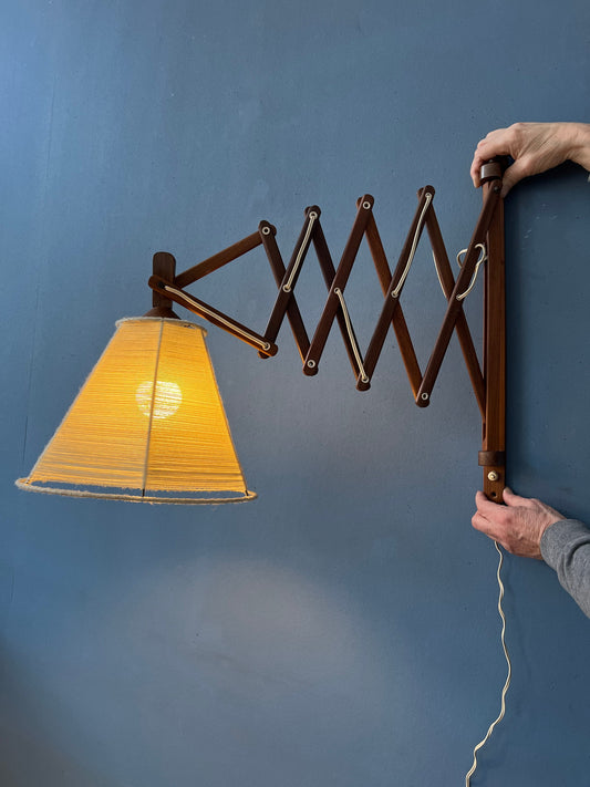 Vintage Wooden Scissor Wall Lamp with Rope Shade