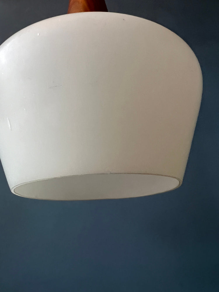 Small Danish Teak Wood Opaline Glass Pendant Light