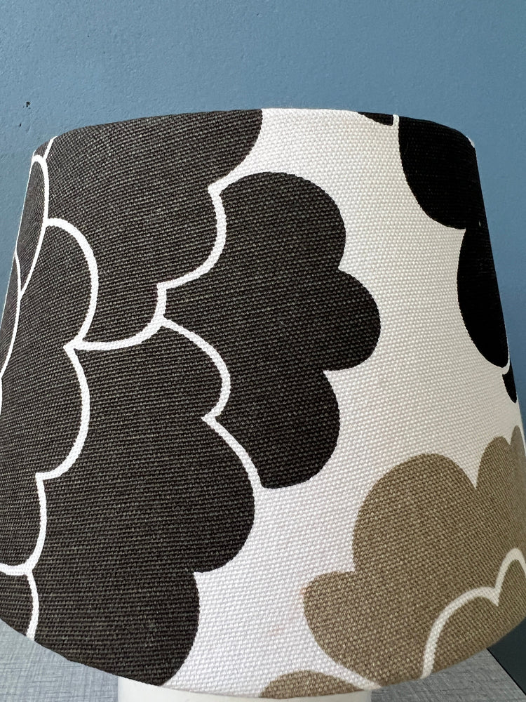 Small Space Age Table Lamp with Porcelain Base and Black and White Flower Shade