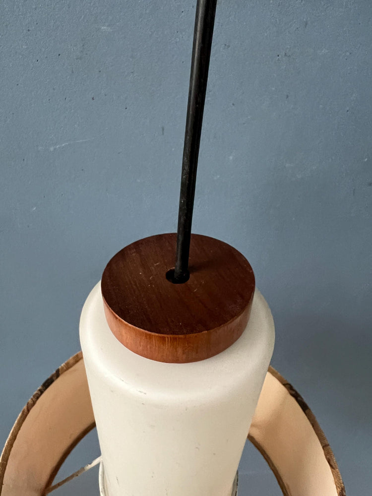 Mid Century Opaline Glass Pendant Lamp with Beige Fabric Jungle Shade