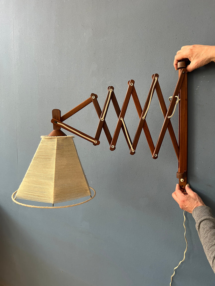 Vintage Wooden Scissor Wall Lamp with Rope Shade