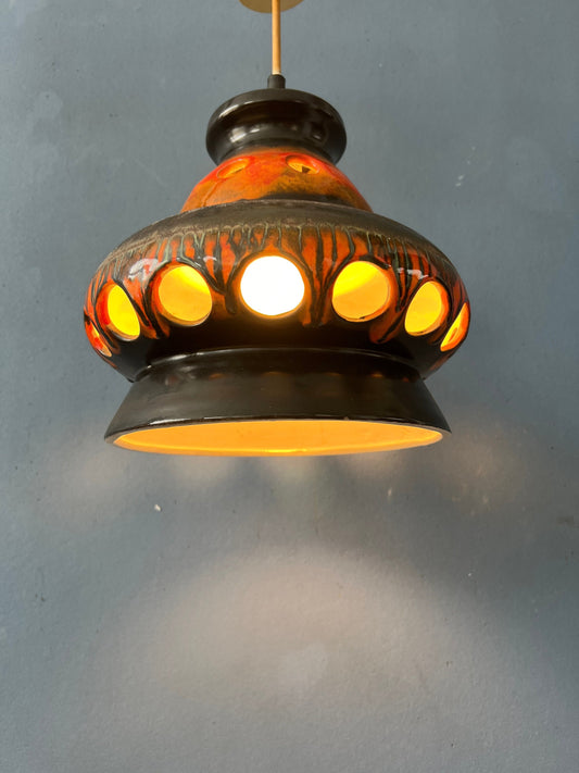 Red and Black Mid Century West Germany Ceramic Pendant Lamp