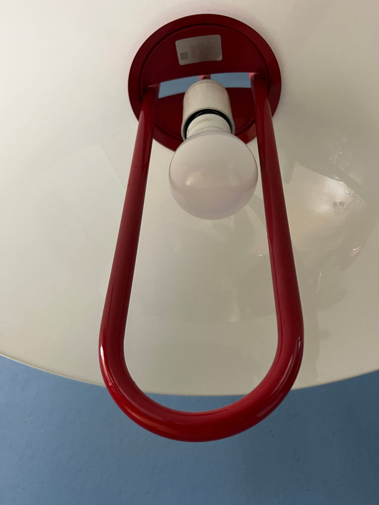 Massive Red Frame Pendant Lamp with White Plexiglass Shade