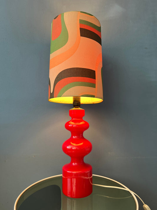 Red Mid Century Space Age West Germany Glass Table Lamp with Textile Shade