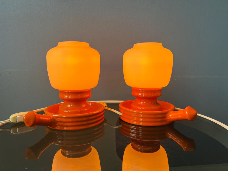 Vintage Set (2) of Orange Ceramic Opaline Glass Table Lamps