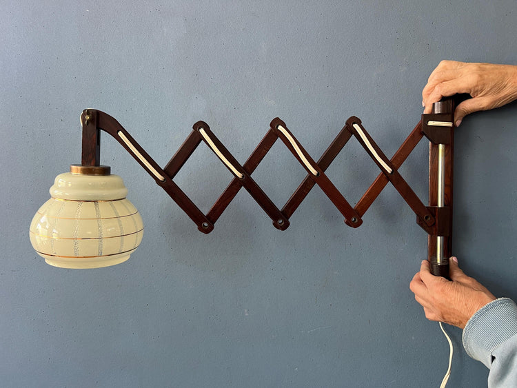 Vintage Glass Shade Teak Wood Scissor Wall Lamp