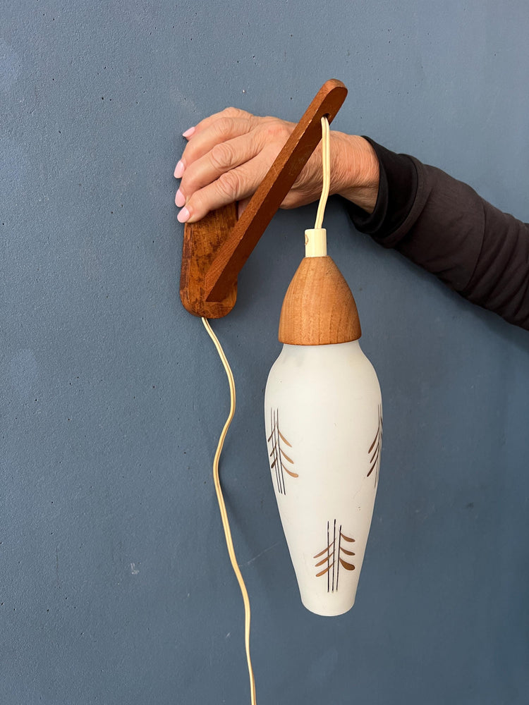 Mid Century Opaline Glass Teak Wood Rod Wall Lamp