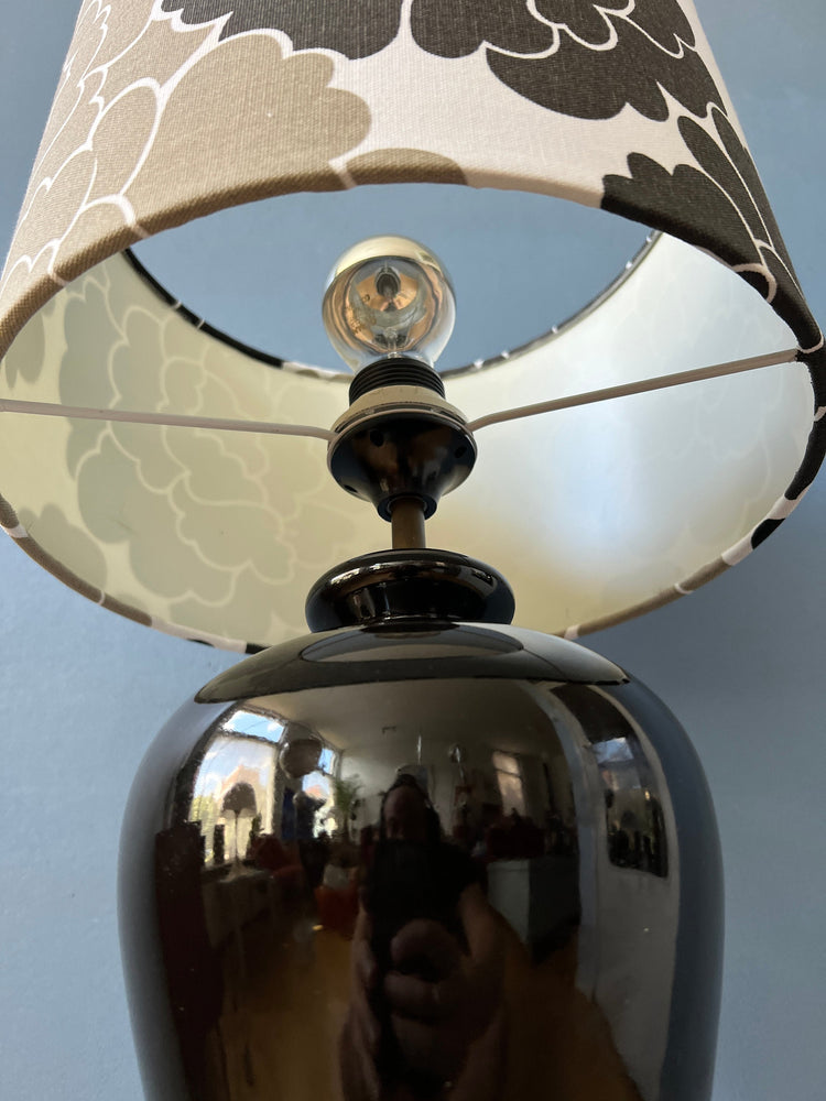 Small Space Age Table Lamp with Porcelain Base and Black and White Flower Shade