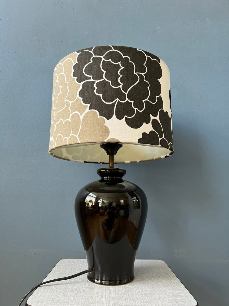 Small Space Age Table Lamp with Porcelain Base and Black and White Flower Shade