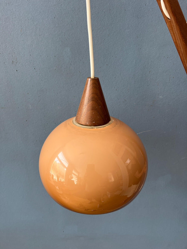 Danish Teak Wood Fishing Rod Wall Lamp with Plexiglass Mushroom Shade