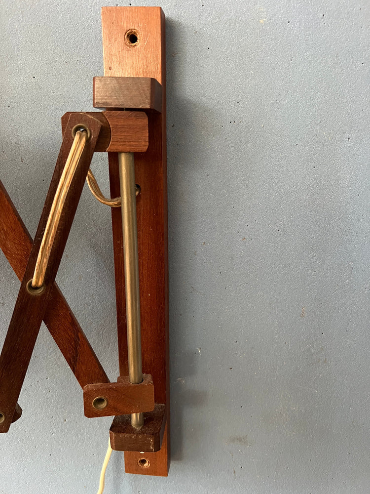 Teak Wood Scissor Wall Lamp with Beige Shade