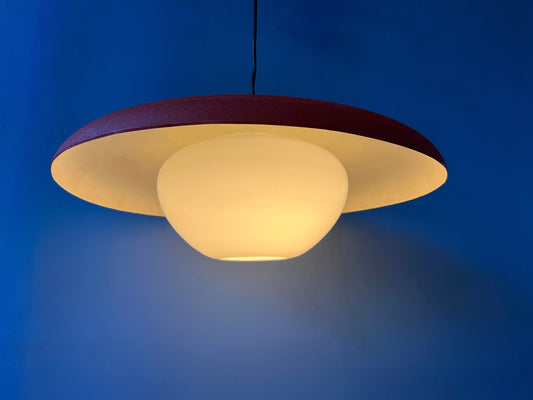 Vintage Louis Kalff Style Philips Pendant Lamp with Red Metal UFO Frame and Opaline Glass Shade