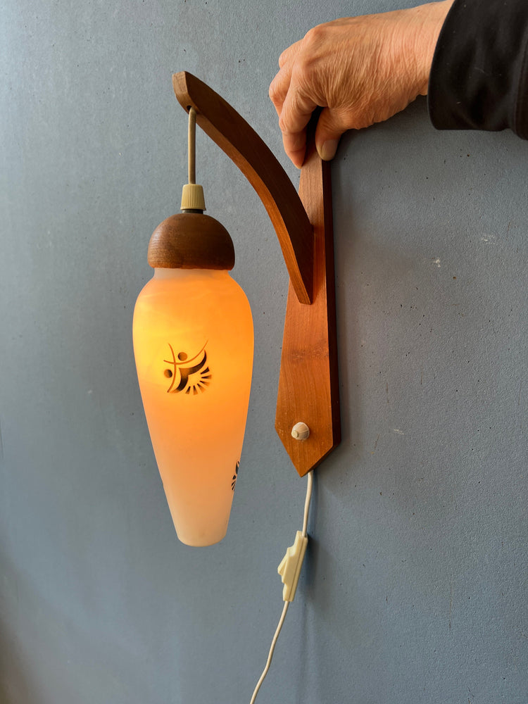 Teak Wood Wall Lamp - Danish Opaline Glass Wall Light - Mid Century Sconce