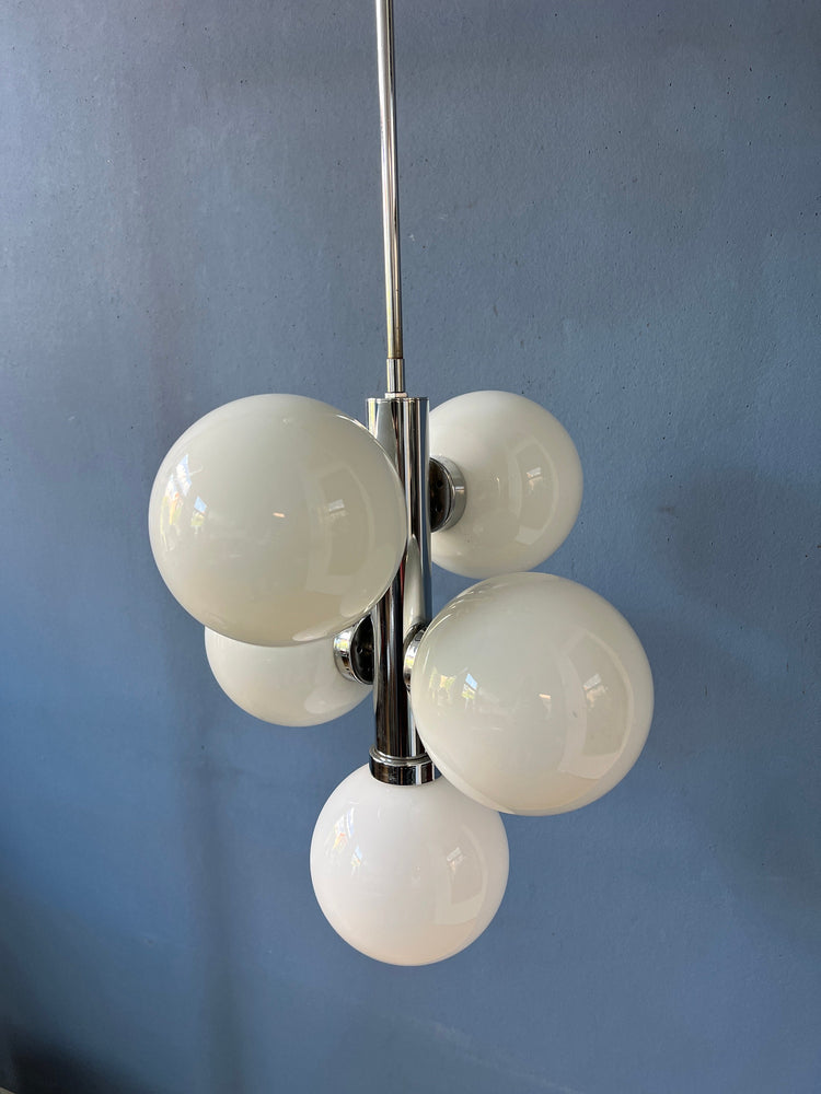70s Sputnik Chandelier - Chrome Space Age Pendant Lamp - Opaline Glass Light Fixture