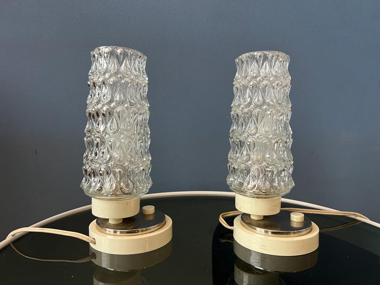 Set (2) of Mid Century Clear Crystal Glass Bedside Table Lamps