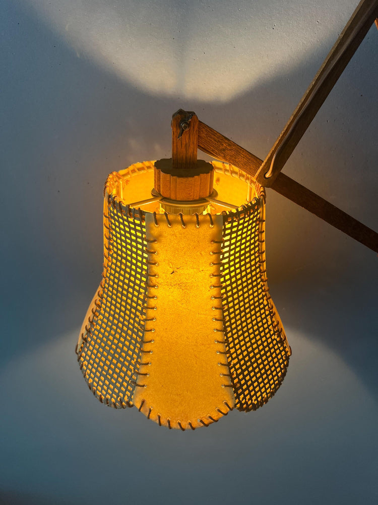 Vintage Teak Wood Scissor Wall Lamp with Traditional Fabric Shade
