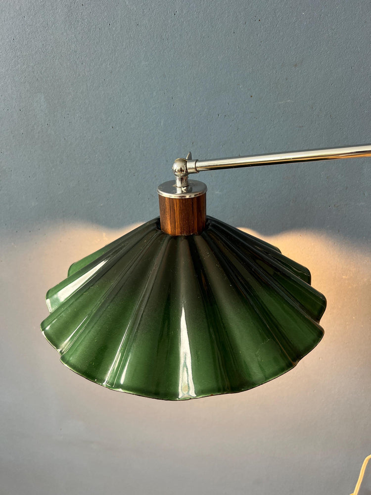 Mid Century Swing Arm Wall Lamp with Green Glass Shade