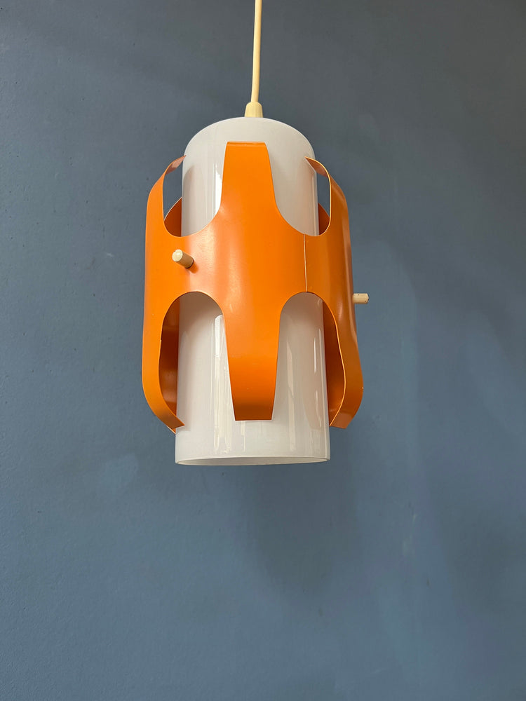 White Opaline Glass Pendant Lamp with Orange Iron Frame
