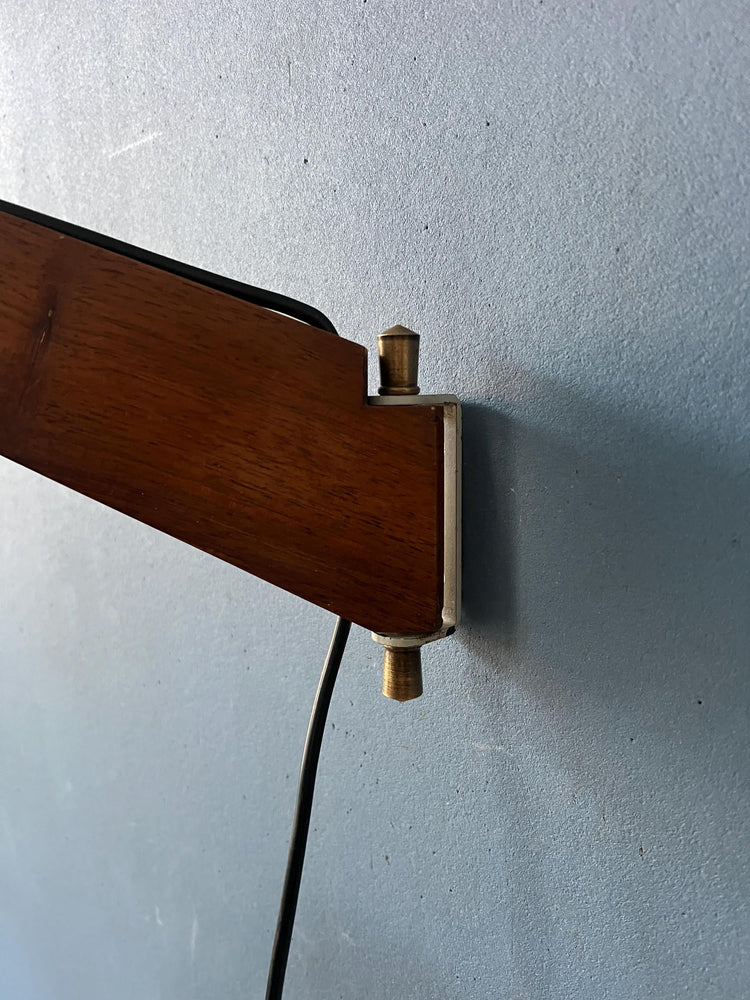 Mid Century Teak Wood Fishing Rod Wall Lamp with Pleated Shade