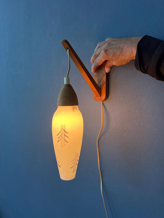 Mid Century Opaline Glass Teak Wood Rod Wall Lamp