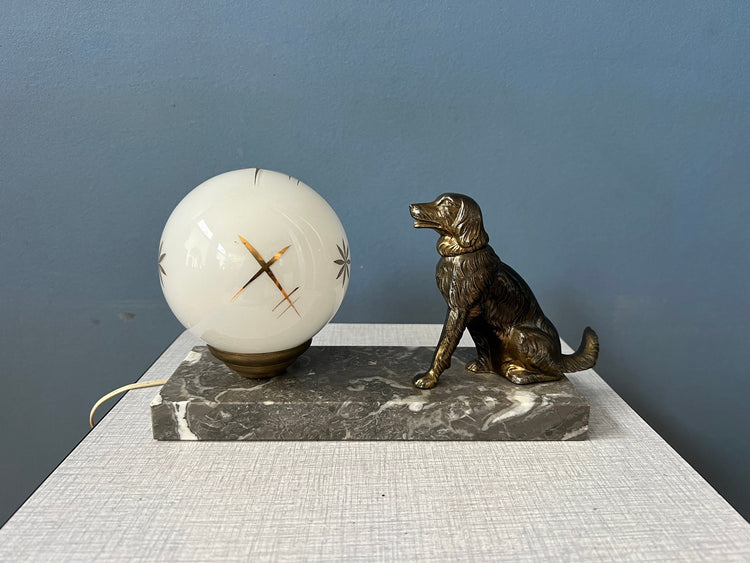 Art Deco Table Lamp with Opaline Glass Moon Shade and Dog Figure
