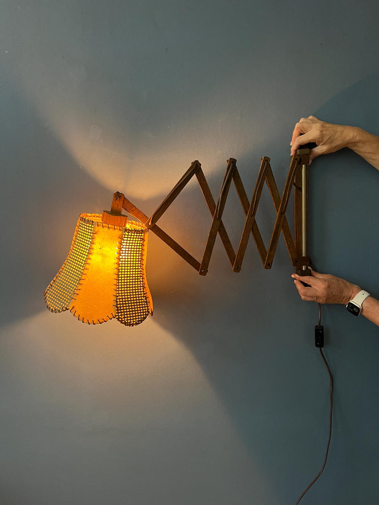 Vintage Teak Wood Scissor Wall Lamp with Traditional Fabric Shade