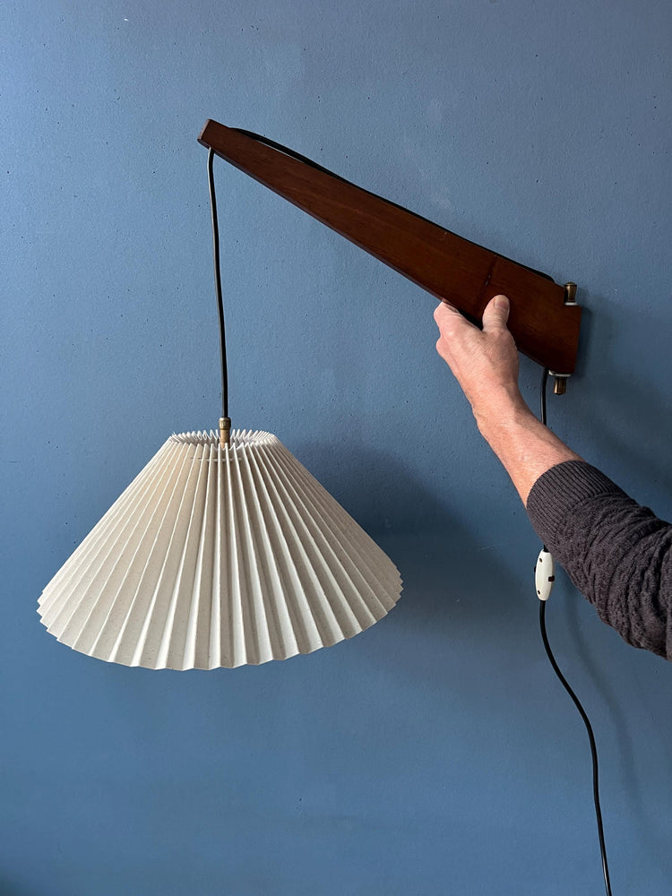 Mid Century Teak Wood Fishing Rod Wall Lamp with Pleated Shade