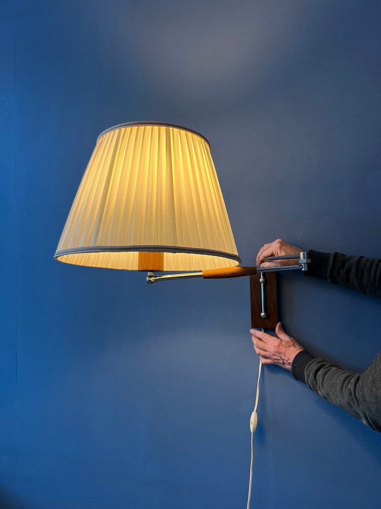 Vintage Teak Wood Mid Century Swing Arm Wall Lamp with Textile Shade
