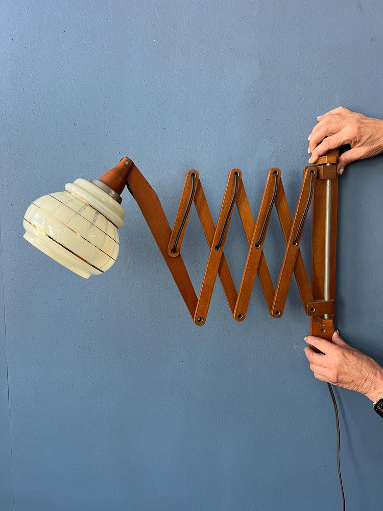 Teak Wood Scissor Wall Lamp with Glass Shade