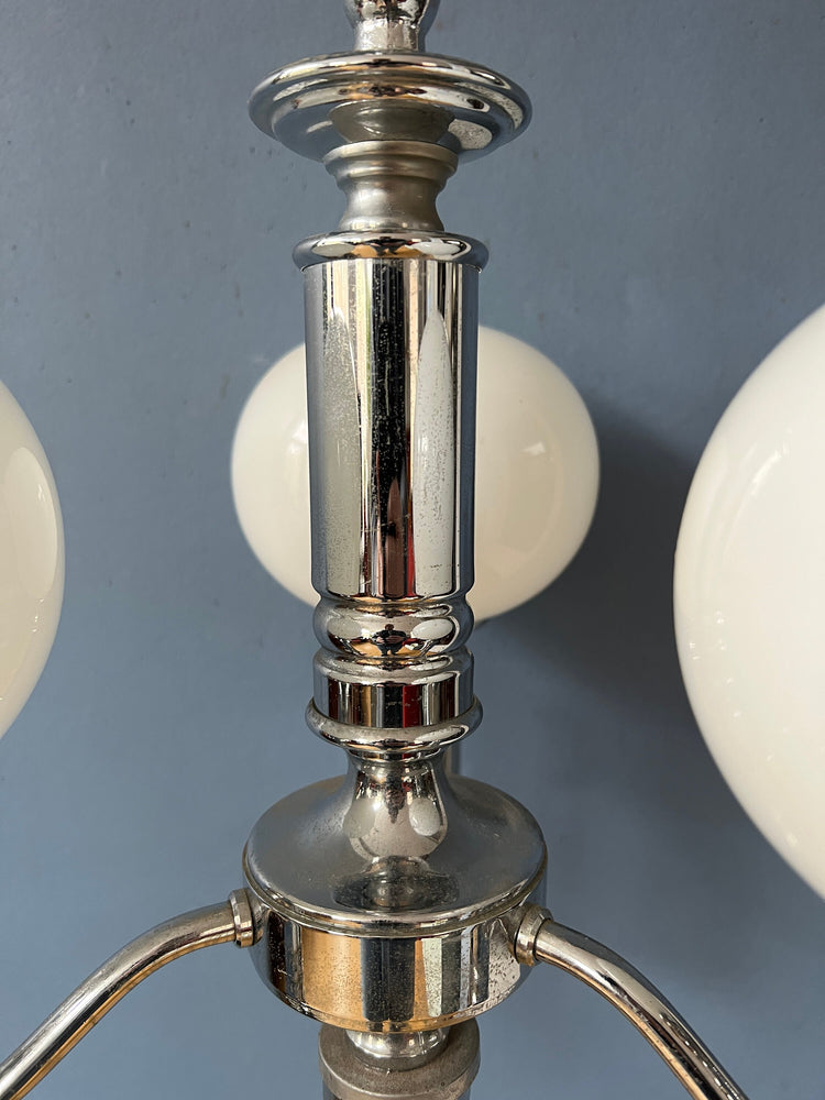 Mid Century White Opaline Glass Chandelier with Chrome Frame