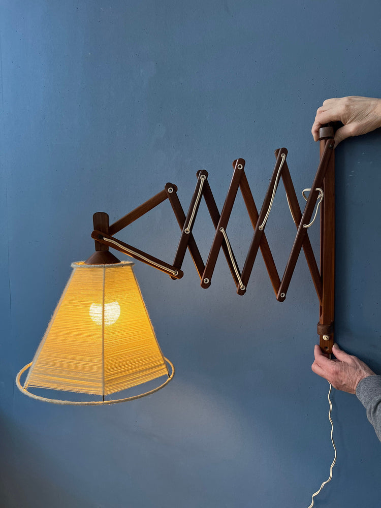 Vintage Wooden Scissor Wall Lamp with Rope Shade