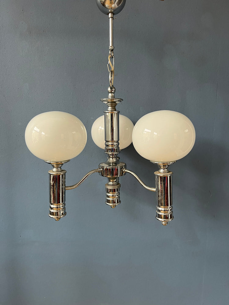 Mid Century White Opaline Glass Chandelier with Chrome Frame