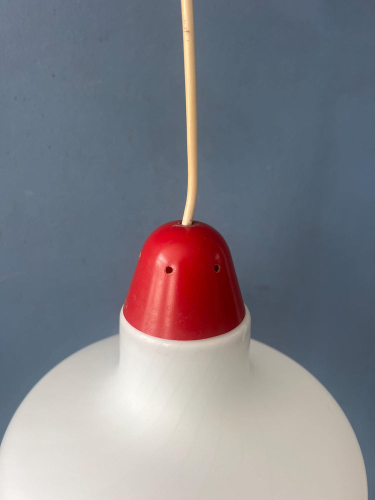 Mid Century Milk Glass Pendant Lamp with Red Top and Ceiling Cap
