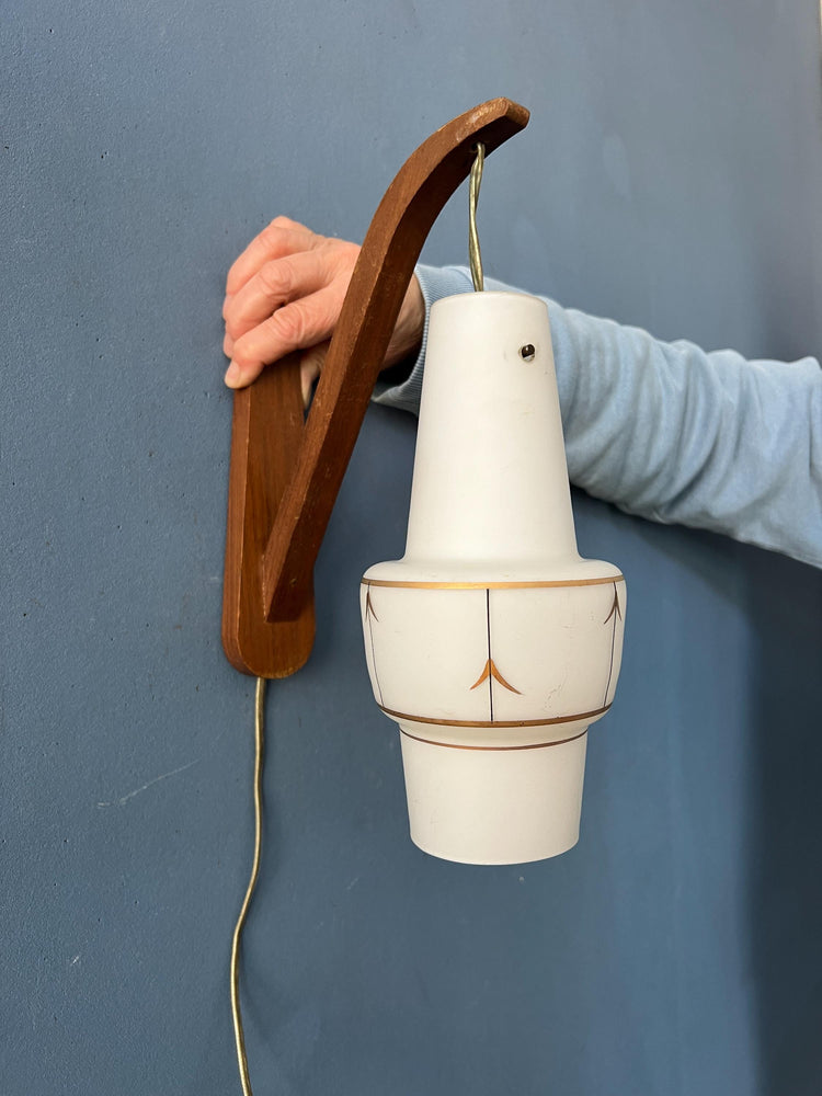 Scandinavian Opaline Glass Teak Wood Rod Wall Lamp