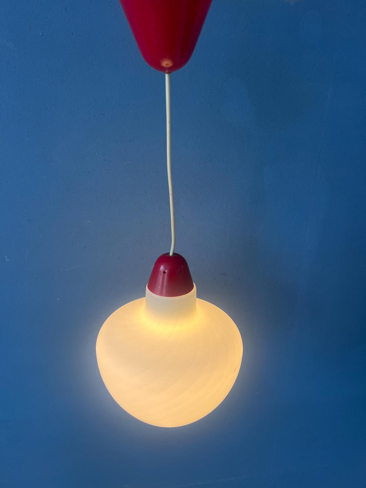 Mid Century Milk Glass Pendant Lamp with Red Top and Ceiling Cap
