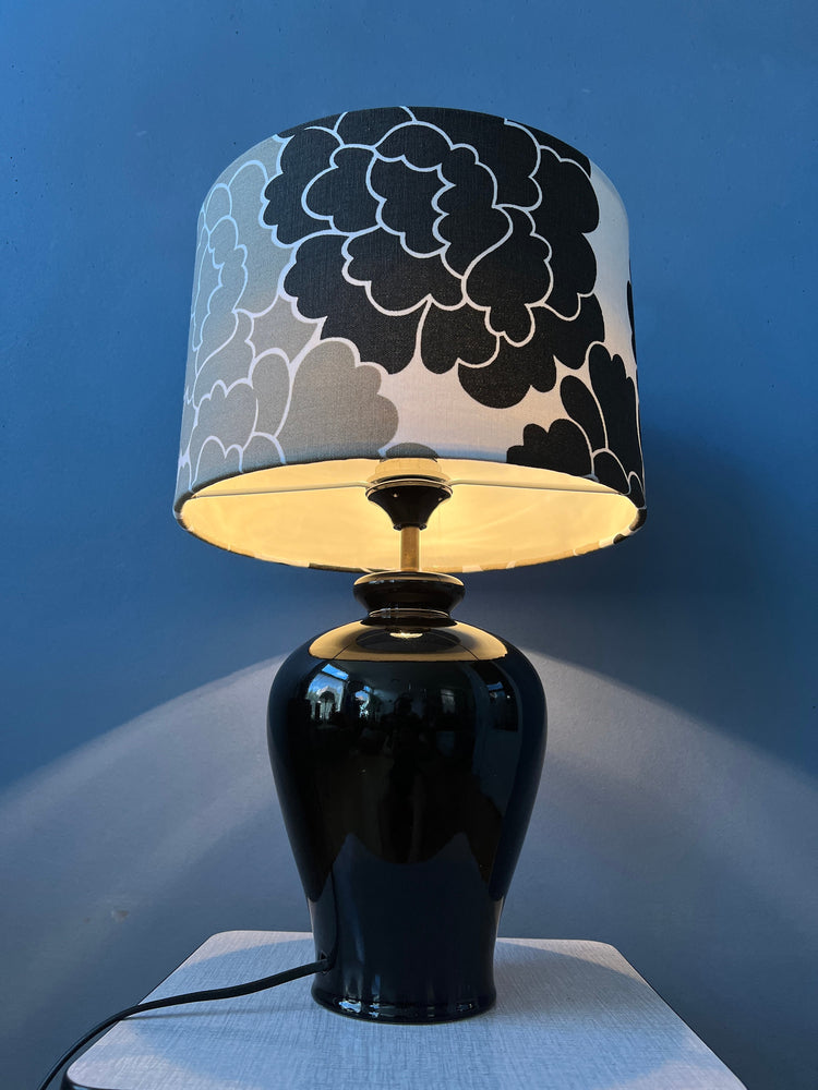 Small Space Age Table Lamp with Porcelain Base and Black and White Flower Shade