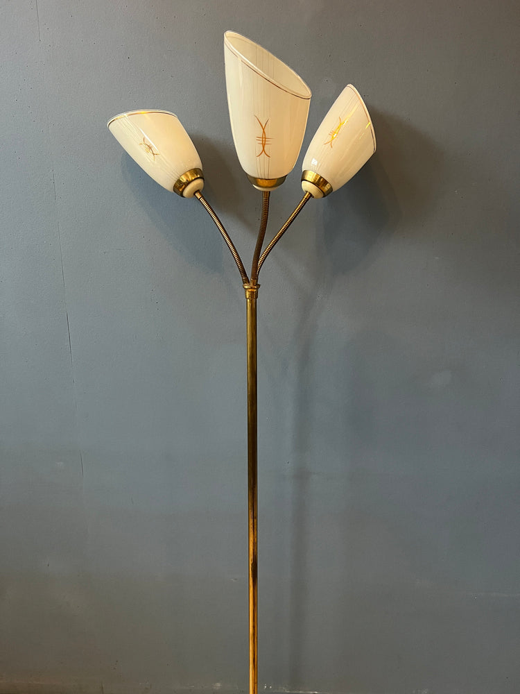 Mid Century 50s Three Arm Brass Floor Lamp with Glass Cones