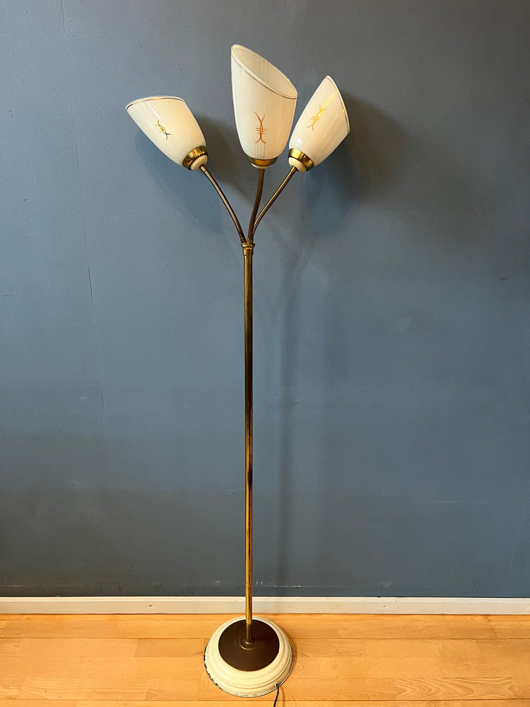 Mid Century 50s Three Arm Brass Floor Lamp with Glass Cones