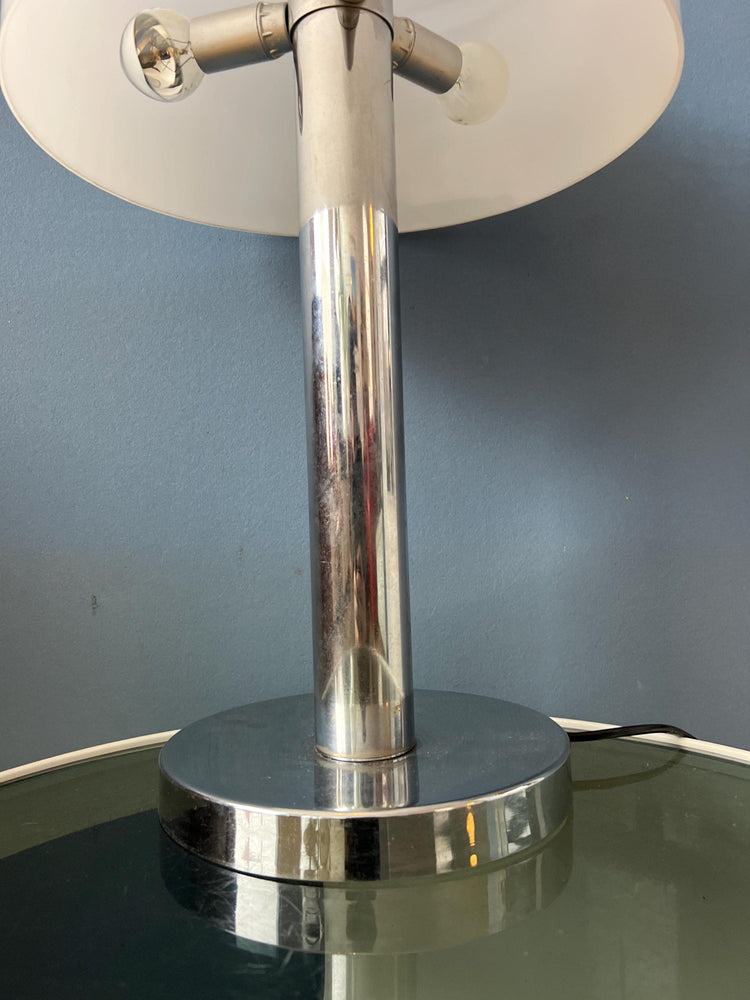 Chrome Space Age Table Lamp with White Plexiglass Mushroom Shade