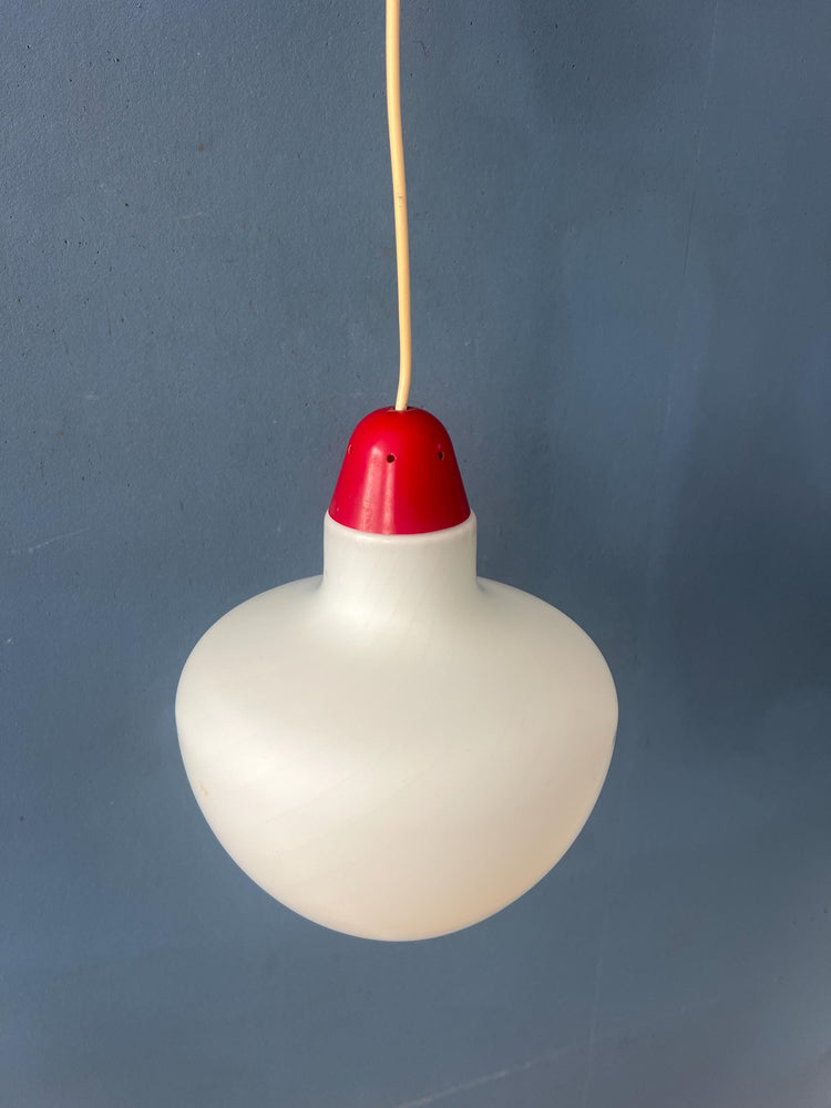 Mid Century Milk Glass Pendant Lamp with Red Top and Ceiling Cap