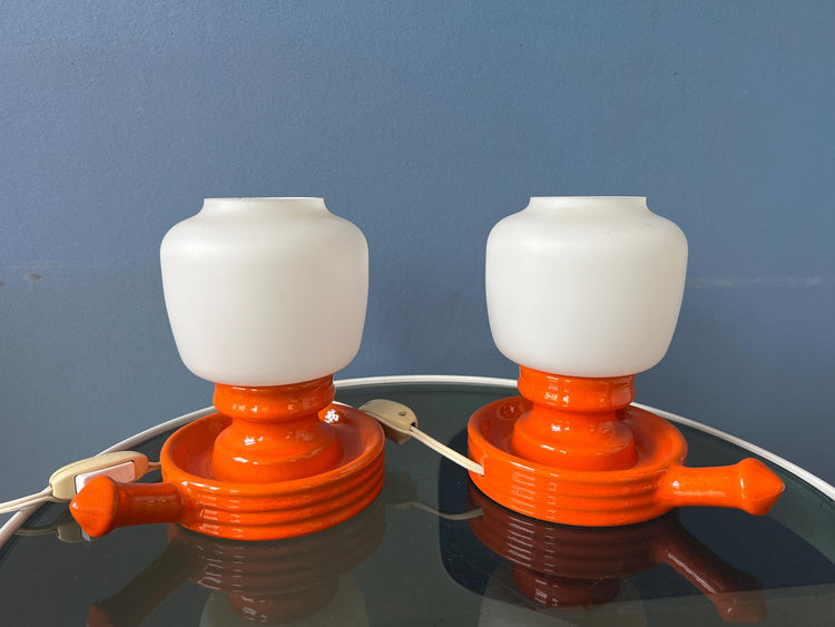 Vintage Set (2) of Orange Ceramic Opaline Glass Table Lamps